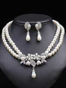 女士奢华双排玻璃珍珠项链和夹式耳环套装，新娘结婚首饰套装，无需耳洞 - 銀色 - 查看 2