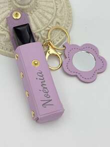 Customized Text Portable Lipstick Case With Heart Shaped Mirror, Cute Minimalist Keychain
