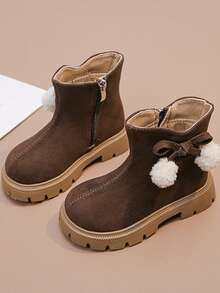 Girls' Boots, Children's Boots, Girls' Suede Ankle Boots, Cute Pom Pom Decor, Warm And Comfortable, Fashionable And Easy To Wear. Girls' School Shoes (Bow Decor In Two Styles, Randomly Shipped) - Brown - View 7