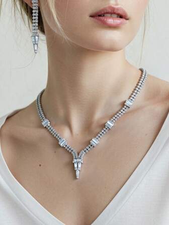 3pcs V-Shaped Fashionable Cubic Zirconia Jewelry Set Including Earrings & Necklace, Suitable For Women Wedding, Festival, Birthday, Party Wear