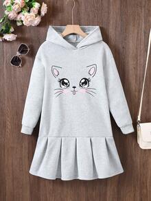 8-12 Years Old Girls Casual Hooded Long Sleeve Sweatshirt Dress, Cute Cartoon Pattern With Pleated Hem, Autumn/Winter - Grey - View 1