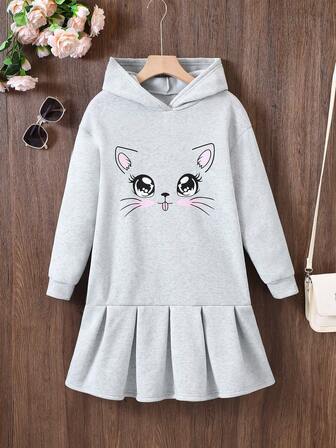 8-12 Years Old Girls Casual Hooded Long Sleeve Sweatshirt Dress, Cute Cartoon Pattern With Pleated Hem, Autumn/Winter