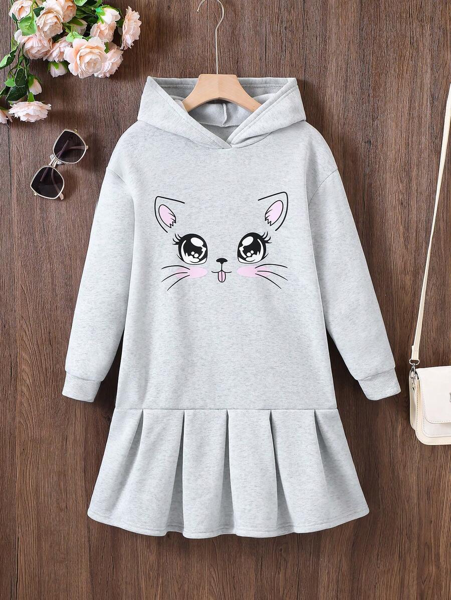 8-12 Years Old Girls Casual Hooded Long Sleeve Sweatshirt Dress, Cute Cartoon Pattern With Pleated Hem, Autumn/Winter - Grey - View 1