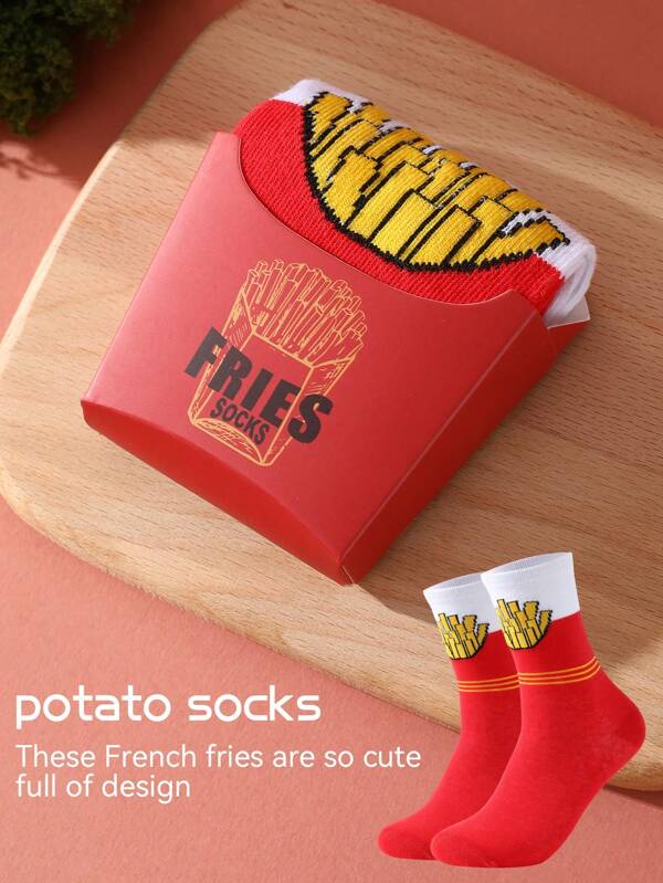 1 Par de Calcetines con Diseño de Papas Fritas en Caja de Regalo, Nuevos Calcetines Medianos Unisex para Otoño/Invierno 2025, Diseño Creativo Inspirado en Comida, Tejido de Punto, Suaves y Cómodos, Regalo Perfecto para Cumpleaños, Acción de Gracias, Halloween, Navidad, Reuniones Familiares, Fiestas, Calcetines Casuales Únicos y de Moda para Todas las Estaciones, Adecuados para Vacaciones, Viajes, Deportes al Aire Libre, Entrenamiento en el Gimnasio