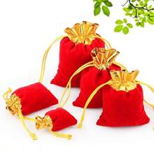 5pcs/10pcs/20pcs Drawstring Gift Bags - Elegant Jewelry, Candy Storage Bags For Weddings, Birthdays And Special Events, Luxury Design - Solid Color - With Drawstring - Velvet Pouch - Velvet Accessory Bags - High Quality Cord Drawstring Bags - Jewelry, Earrings, Necklace Storage Options - Shiny Texture, Secure Closure - Christmas Tree Small Gift Hanging Bags - Wedding Favor Bags - Chinese New Year Gift Bags - Multipurpose Bags With Gold Trim - Red - View 6