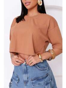 Women's Basic Cropped T-Shirt In Plain Cotton Knit - màu nâu - Xem 3