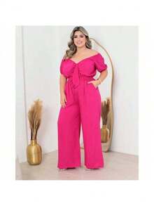 Plus Size Cropped And Pantaloon Set For Women - 玫紅色 - 查看 1