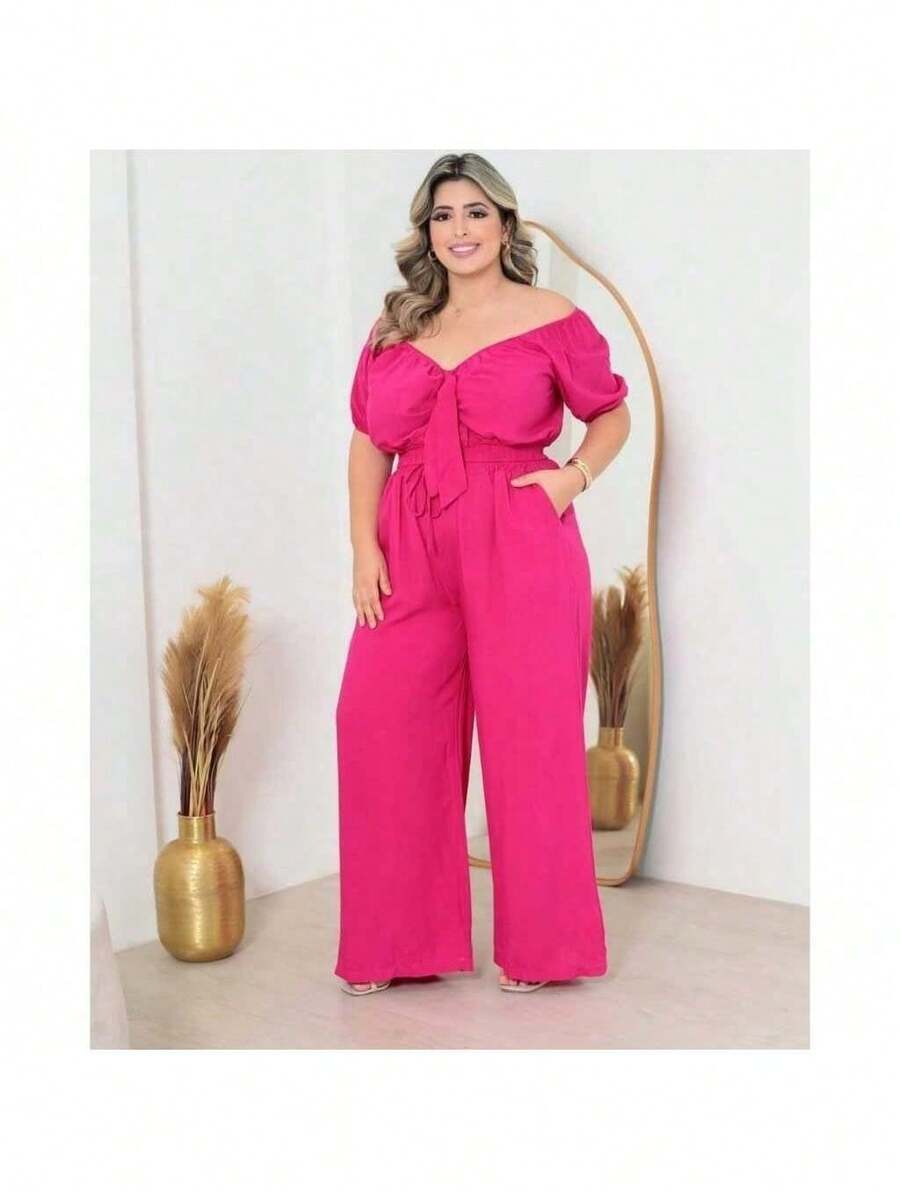 Plus Size Cropped And Pantaloon Set For Women - 玫紅色 - 查看 1