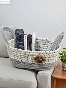 1 pieza Cesta de almacenamiento tejida de cuerda de algodón abierta con decoración de huella de mascota, adecuada para decoración del hogar, almacenamiento de cosméticos en dormitorio, clasificación de juguetes de niños, almacenamiento de alimentos para mascotas, adecuada para decoración de regalo de Navidad