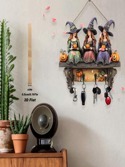 1pc Vintage Bohemian Halloween Witch Wooden Wall Decor With Hook - 2D Flat Wood Decoration, Witch Hat & Pumpkin Design, Entryway/Party Key Chain, No Electricity Required, 2D Flat