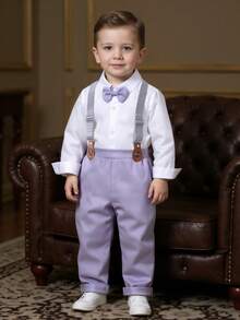 BOARNSEORL 男婴两件套绅士套装 - 白色长袖衬衫配蝴蝶结和卡其色背带裤，时尚休闲套装，适合生日派对、婚礼、周年纪念庆典等场合。 - 紫色 - 查看 9