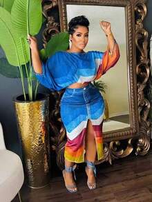 2-teiliges Outfit-Set für Frauen Streetwear Sommeroutfits mit Röcken Fake-Denim-Print Elegante schicke offene Schlitzrock lange sexy Damen