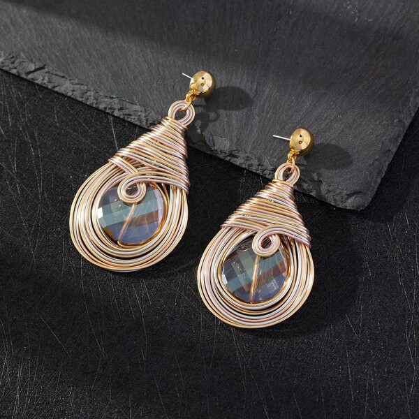 2 Pieces Of Alloy Gem Hand-Wound Hoop Earrings, Hollow Copper Wire Inlaid With Gems, Random Bead Colors, Suitable For Daily Wear, Weddings, Festivals, Parties, Study, Sports, Gifts And Other Scenes. Earrings, Ear Studs, Earrings, Earrings