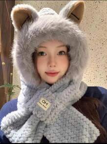 冬季保暖连帽围巾，弹性加厚围脖，卡通耳朵，毛绒绒女士帽，可爱动物图案交叉领围巾 - A - 查看 13