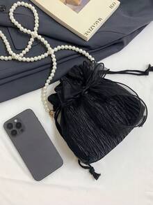 This Fashionable And Elegant Women's Crossbody Bag Is Made Of Polyester Fabric, Decorated With A Bow, Drawstring Closure, And Features A Beaded Chain Strap, Suitable For Occasions Such As Banquets, Parties, And Weddings. - Black - View 9