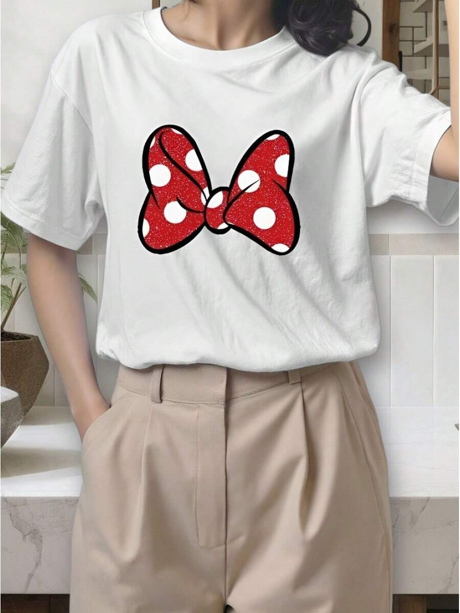 Red Polka Dot Bow Print Summer Women's 100% Cotton Short Sleeves, White Tops, Graphic T-Shirts, Cotton T-Shirts - trắng - Xem 1