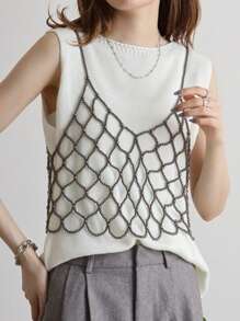 DEKUNER 1 pieza Nueva parte superior de tipo halter de estilo simple con perlas falsas, para adolescente, camiseta bata con lindas cuentas, cadena corporal con perlas