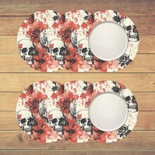 2pcs/4pcs/6pcs Halloween Skull Pattern Printed Silicone Placemats, Halloween Decor, Suitable For Dining Table, Coffee Bar, All Season Decoration, Washable Placemats, Room Decor, Coasters, Draining Mats, Kitchen Dining Table Mats, Indoor Outdoor Party Decor, Home Decor, Ideal Gift