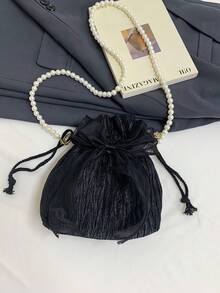 This Fashionable And Elegant Women's Crossbody Bag Is Made Of Polyester Fabric, Decorated With A Bow, Drawstring Closure, And Features A Beaded Chain Strap, Suitable For Occasions Such As Banquets, Parties, And Weddings. - Black - View 7
