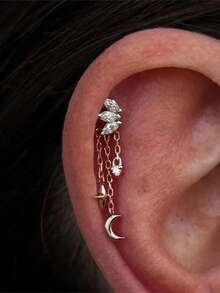 1piece 925 Sterling Silver Stars Moon Tassels Piercings Earrings Chain Charm Flat Back Cartilage Helix Piercing Fine Jewelry For Daily Wear Wedding Party Engagement Anniversary Valentine's Day(Sold As 1 Piece) - Star and Moon Tassel Pendant Accessories - View 3