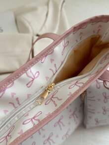 1 时尚拼色蝴蝶结印花单肩包，简约轻便，多个口袋，单肩托特包书包，返校背包，大容量，笔记本电脑隔层，便携，轻便，适合少女女大学生，非常适合返校、大学、初中、高中，时尚拉链托特包，大号学校托特包，多个隔层，非常适合海滩 - 白色 - 查看 10