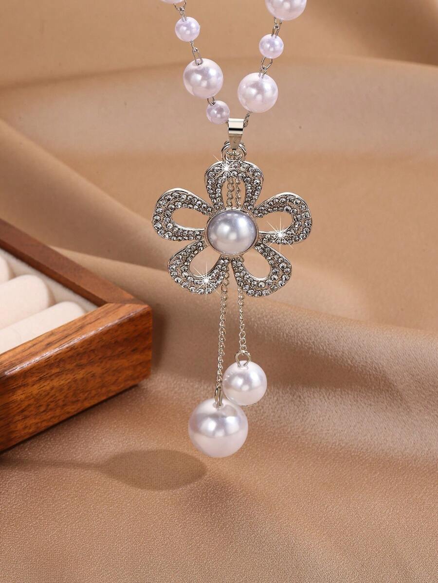 1 chiếc vòng cổ hoa hợp kim kẽm đính ngọc trai giả thủ công, thích hợp cho trang phục hàng ngày của phụ nữ - Bạc - Xem 1