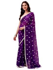 Estationeryhouse Women's Georgette Embroidery Border Work Designer Saree With Blouse Piece - Purple - View 3