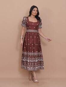 Helena Crepe Printed Midi Dress With Short Sleeves - Mocha Brown - View 4