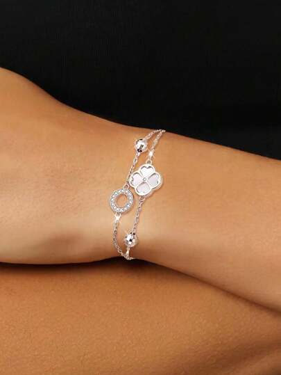  S925 Sterling Silver Clover Bracelet For Women, Double Layer Rose Gold & White Shell Minimalist Jewelry Gift Valentines
