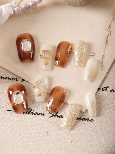 XEERCOOU 10片装按压式美甲贴片，短款美甲用品，按压式亚克力美甲套装，棕色美甲，光晕贝壳假指甲，短款日常佩戴假指甲，人造指甲套装，包含1张粘合贴片和1个迷你指甲锉。