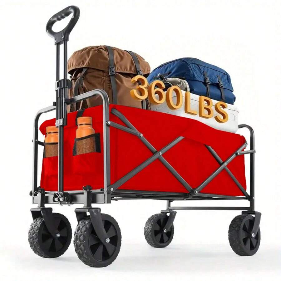Heavy Duty All-Terrain Red Foldable Wagon, Stainless Steel Frame With 600D Oxford Fabric Material, Portable Multifunctional Camping/ Gardening/ Wheeled Shopping Cart/ No Assembly, Garden Tool Storage Rack, Sturdy Handle Design, Durable Construction, - Red - View 1