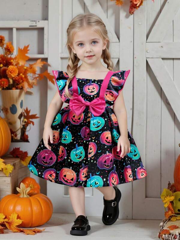 Young Girl Halloween Cartoon Pumpkin Print Princess Dress, Holiday Party Performance Cosplay Costume