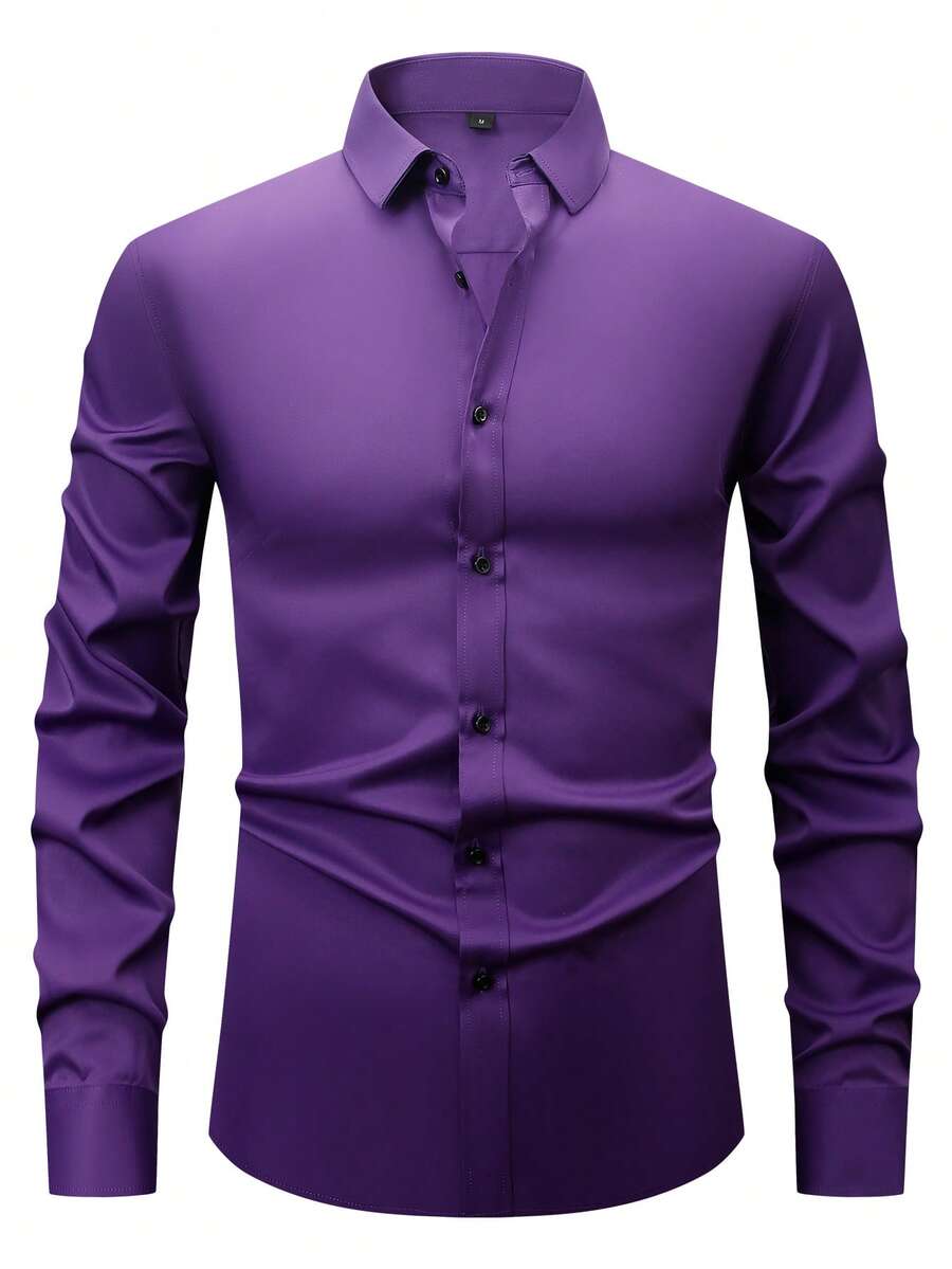 Men's Stretch Business Casual Shirt - Wrinkle-Free & Easy Care With Black Buttons | Comfort Formal & Daily Wear - 紫色 - 查看 1