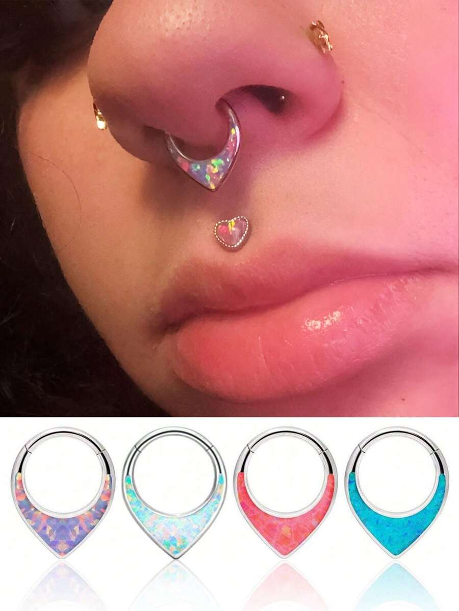 1 件水滴形低过敏性 316L 不锈钢鼻环，16G 鼻中隔环穿刺饰品，8mm/10mm 镶嵌白色/蓝色/紫色/粉色蛋白石鼻环，金色和银色可选，吊坠耳环 - 彩色 - 查看 1