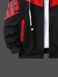 Conjunto de chaqueta y pantalones casuales y versátiles para hombres con parches de colores contrastantes y estampado de letras, ropa de otoño - Rojo - Ver 4