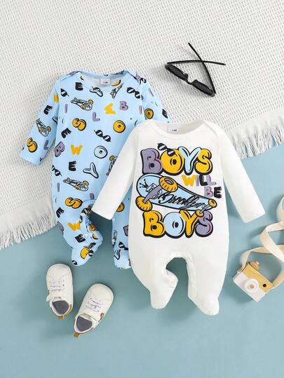 2 Peças/Conjunto Macacão de Bebê com Estampa de Letra em Inglês e Skate