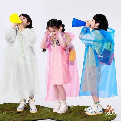 3件装一次性薄款雨披，抽绳设计，适合儿童、男孩女孩、小学生/初中生，方便携带，适用于旅行、户外活动、音乐节、游乐园等场合。
