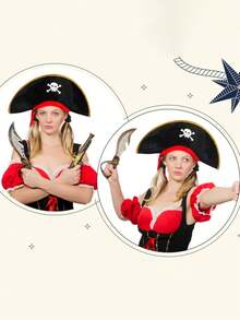 2pcs/Set Halloween Pirate Hat + Pirate Eye Mask - Skull Print Pirate Captain Costume Hat, Pirate Accessories, Party Hat, Masquerade, Cosplay Funny Captain Hat Valentines Gift - Multicolor - View 8