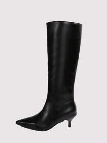 2025 Autumn/Winter New Pointed Toe Thigh High Boots For Women, Slim Heel Retro Personalized PU Leather Over-The-Knee Boots,Black Boots,Kitten Heels - Black - View 5