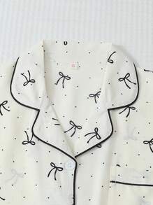 2 件女士舒适迷你波尔卡圆点蝴蝶结印花睡衣套装，翻领纽扣短袖上衣和蝴蝶结短裤，夏季睡衣和家居服 - 白色 - 查看 3