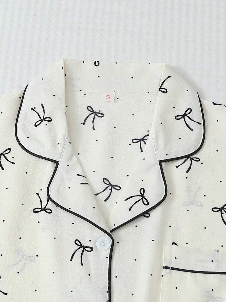 2 peças Conjunto de Pijama Feminino Confortável com Estampa de Bolinhas e Laço, Top com Gola e Botões e Shorts com Laço, Roupa de Dormir e Loungewear de Verão - Branco - Visão 3