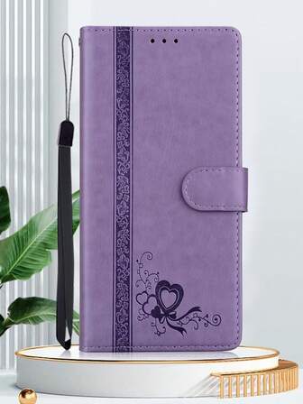 GLANDOTU Purple Embossed Floral Pattern PU Leather Mobile Phone Case, Featuring A Double-Fold Design And A Foldable Stand. Compatible With Multiple Brands And Models.