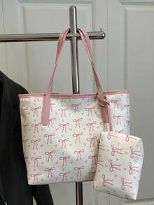 1 时尚拼色蝴蝶结印花单肩包，简约轻便，多个口袋，单肩托特包书包，返校背包，大容量，笔记本电脑隔层，便携，轻便，适合少女女大学生，非常适合返校、大学、初中、高中，时尚拉链托特包，大号学校托特包，多个隔层，非常适合海滩 - 白色 - 查看 5