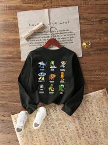 青少年男孩图案印花圆领长袖T恤，秋冬上衣 - 黑色 - 查看 3