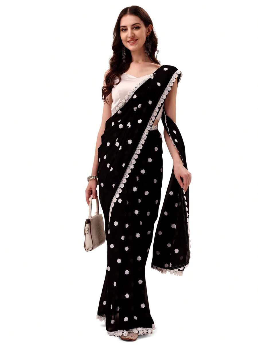 Estationeryhouse Women's Georgette Embroidery Border Work Designer Saree With Blouse Piece - Black - View 1