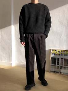 白悦男士宽松纯色休闲通勤风圆领针织衫，圣诞节新年款，长袖上衣 - 黑色 - 查看 6