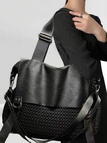 Ladies' Fashion Y2K Mesh Shoulder Bag Large Capacity Splicing Rivet Retro Diagonal Cross Bag Multiple Pockets Urban Street Style Handbag Suitable For Daily Use Is A Perfect Gift, Summer - Black - View 3