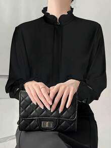 黑色荷叶边领女式衬衫，纯色简约休闲日常穿搭，春季款 - 黑色 - 查看 5
