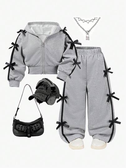 Girls Autumn/Winter Fashion Set, Short Hooded Sweatshirt With Bow Decor & Wide Leg Pants