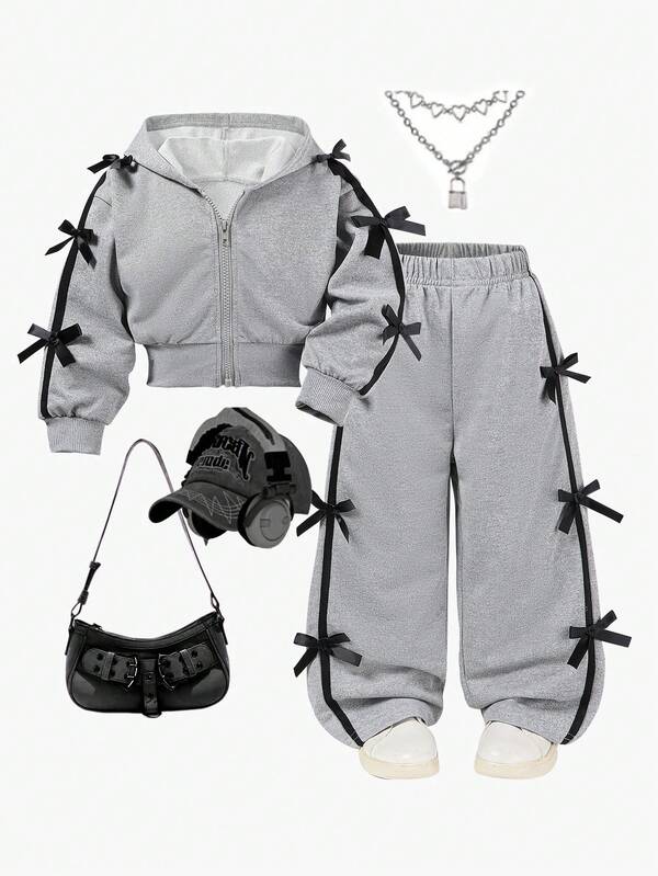 Girls Autumn/Winter Fashion Set, Short Hooded Sweatshirt With Bow Decor & Wide Leg Pants